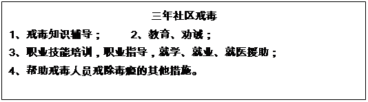 文本框: 三年社区戒毒 1、戒毒知识辅导； 2、教育、劝诫； 3、职业技能培训，职业指导，就学、就业、就医援助； 4、帮助戒毒人员戒除毒瘾的其他措施。 